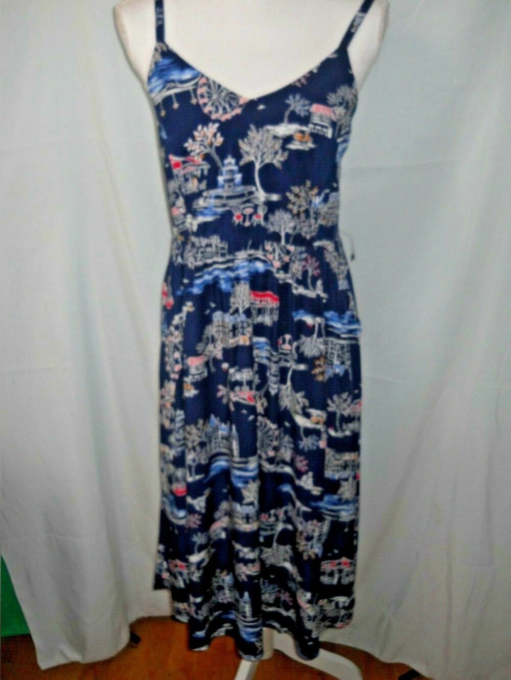 Navy Printed Spaghetti-Strap Midi Dress